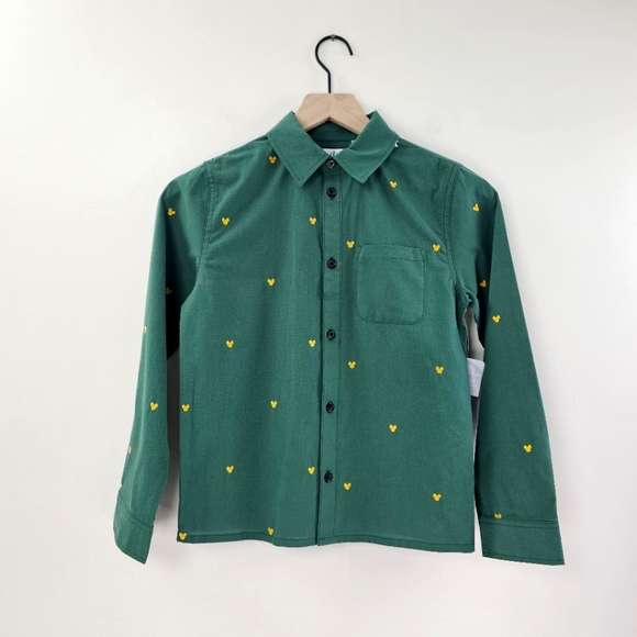 Disney Kids Green and Yellow Mickey Mouse Icon Button Front Shirt Size 11/12 NWT - Picture 2 of 7